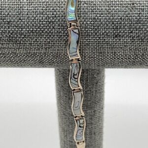 Unsigned 925 Sterling Silver Bracelet Vintage Abalone Shell Blue Green 7.25"